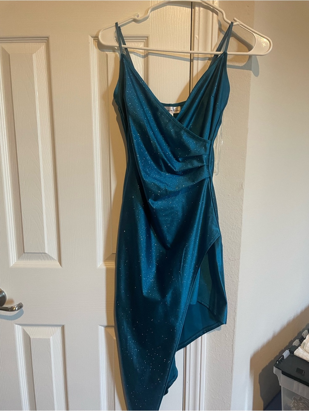 Honey and Rosie Teal Sparkle Asymmetrical Slip Dress